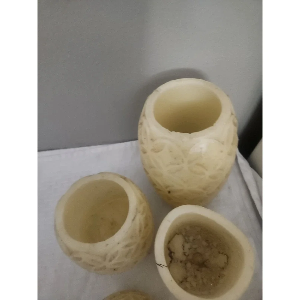 Set of 4 Flameless LED Pillar Candles Carved Wax Lattice Cream Untested